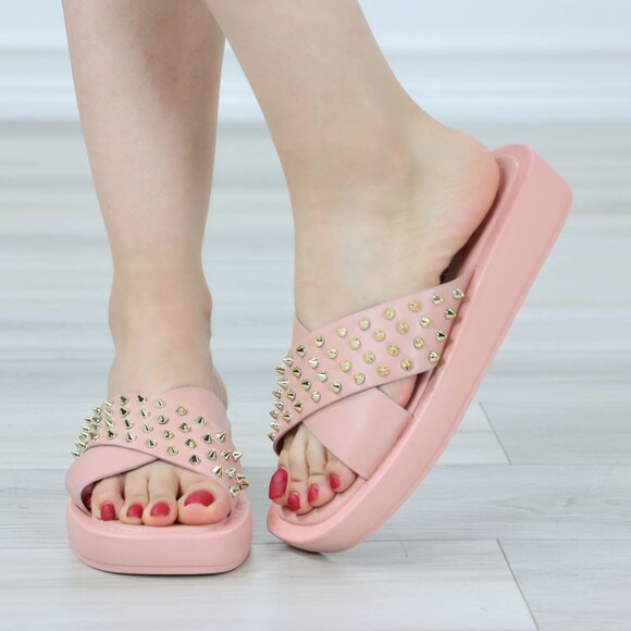 Pink Flat Sliders Sandals Slip On Faux Leather Gold Metal Stud Cross Over - Picture 9 of 14